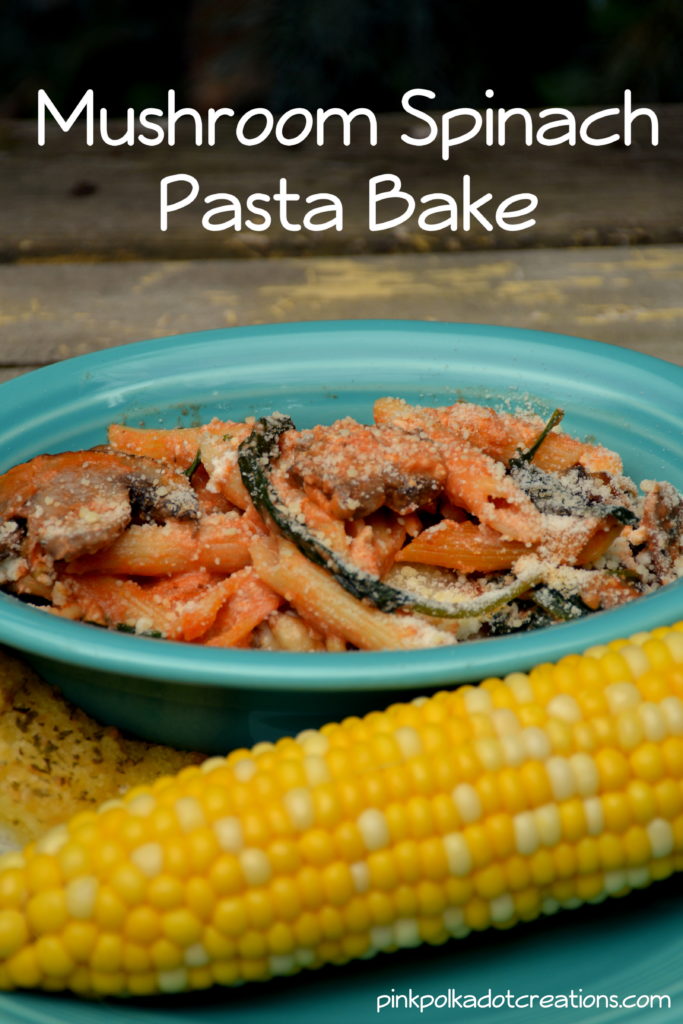 Mushroom Spinach Pasta Bake with pine nuts - Pink Polka Dot Creations