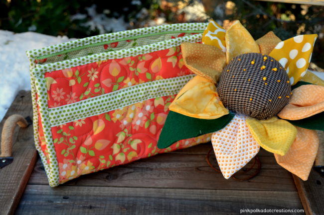 open wide bag and flower pin cushion