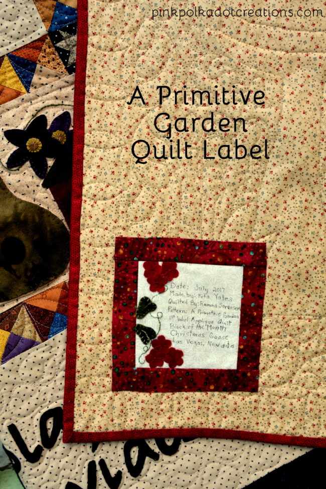 a primitive garden quilt label