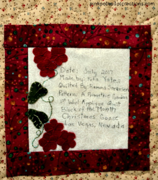 primitive garden quilt label